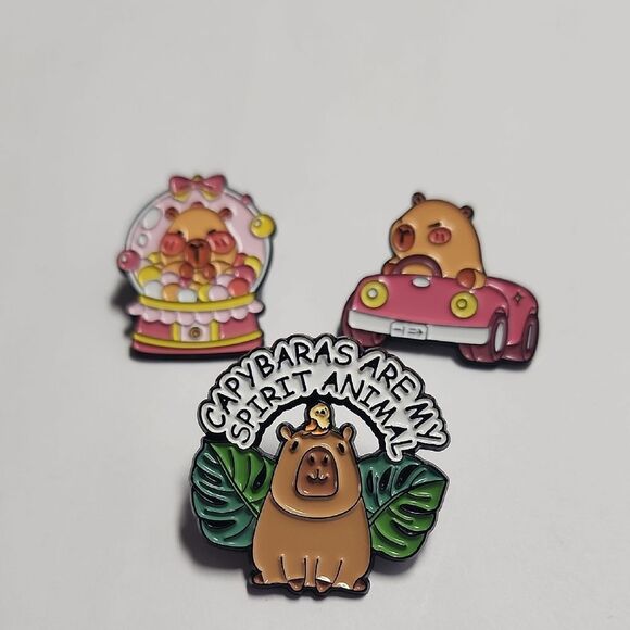 Capybara Enamel Pin Set - Brown, Pink, Green - Picture 1 of 3